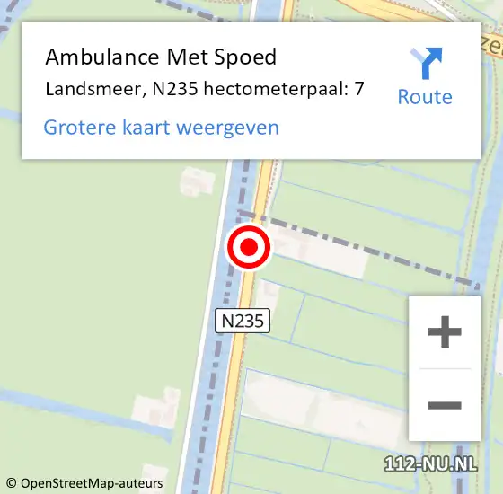 Locatie op kaart van de 112 melding: Ambulance Met Spoed Naar Landsmeer, N235 hectometerpaal: 7 op 11 maart 2024 20:19