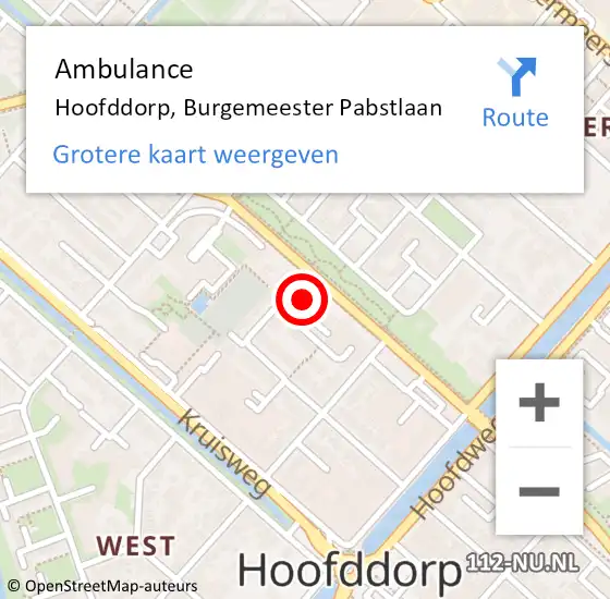 Locatie op kaart van de 112 melding: Ambulance Hoofddorp, Burgemeester Pabstlaan op 11 maart 2024 23:34