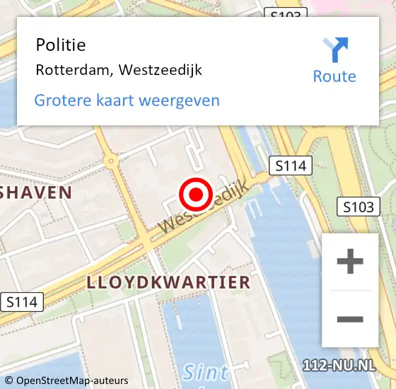 Locatie op kaart van de 112 melding: Politie Rotterdam, Westzeedijk op 12 maart 2024 08:04