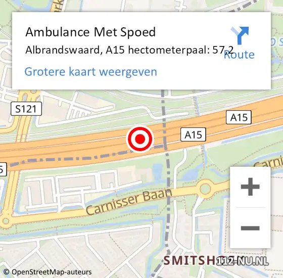 Locatie op kaart van de 112 melding: Ambulance Met Spoed Naar Albrandswaard, A15 hectometerpaal: 57,2 op 12 maart 2024 08:48