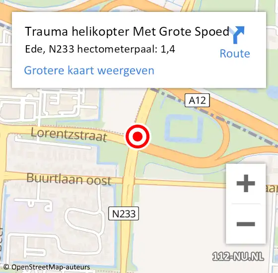 Locatie op kaart van de 112 melding: Trauma helikopter Met Grote Spoed Naar Ede, N233 hectometerpaal: 1,4 op 12 maart 2024 09:15