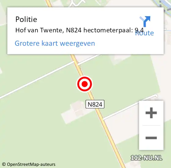 Locatie op kaart van de 112 melding: Politie Hof van Twente, N824 hectometerpaal: 9,4 op 12 maart 2024 09:31