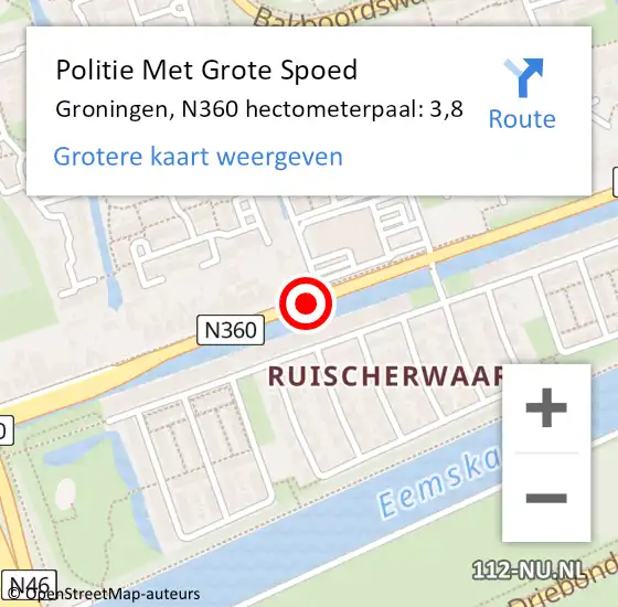 Locatie op kaart van de 112 melding: Politie Met Grote Spoed Naar Groningen, N360 hectometerpaal: 3,8 op 12 maart 2024 13:30