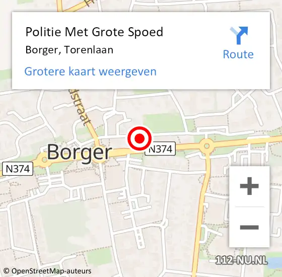 Locatie op kaart van de 112 melding: Politie Met Grote Spoed Naar Borger, Torenlaan op 12 maart 2024 14:45