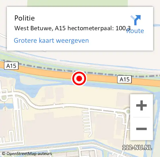 Locatie op kaart van de 112 melding: Politie West Betuwe, A15 hectometerpaal: 100,3 op 12 maart 2024 16:47