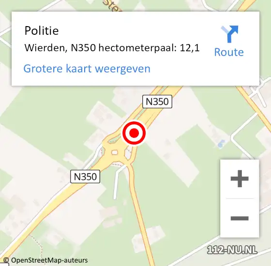 Locatie op kaart van de 112 melding: Politie Wierden, N350 hectometerpaal: 12,1 op 12 maart 2024 16:58