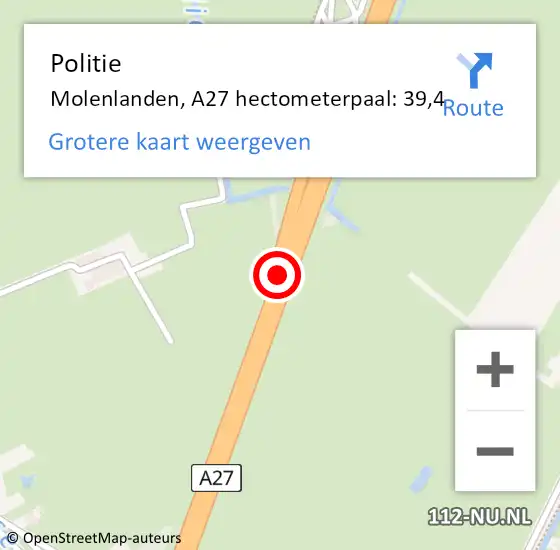 Locatie op kaart van de 112 melding: Politie Molenlanden, A27 hectometerpaal: 39,4 op 12 maart 2024 18:53