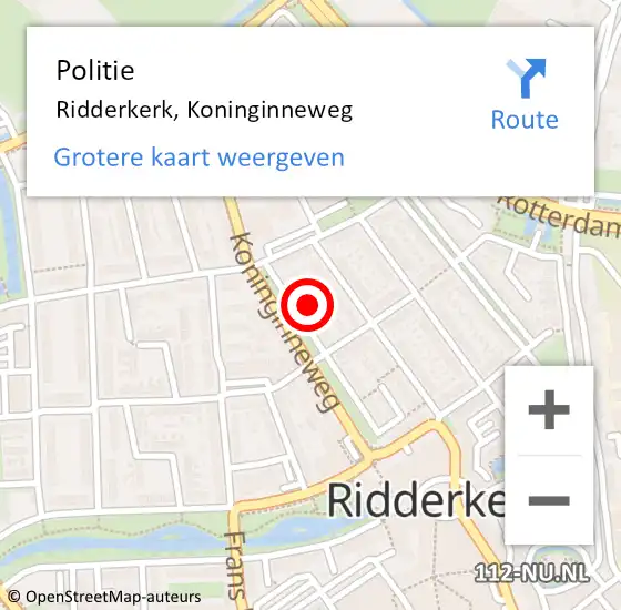 Locatie op kaart van de 112 melding: Politie Ridderkerk, Koninginneweg op 13 maart 2024 00:50