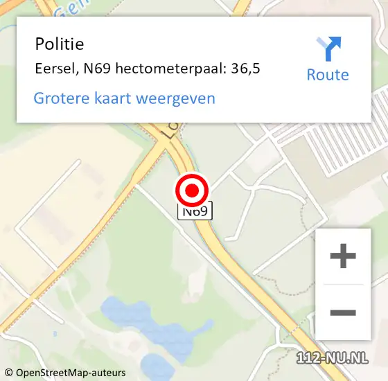 Locatie op kaart van de 112 melding: Politie Eersel, N69 hectometerpaal: 36,5 op 13 maart 2024 09:46