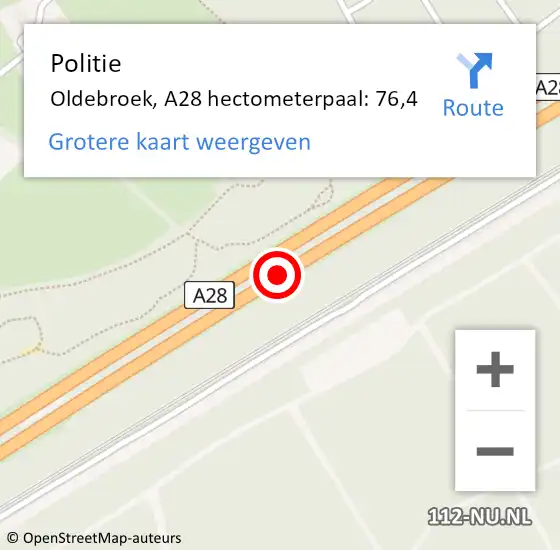 Locatie op kaart van de 112 melding: Politie Oldebroek, A28 hectometerpaal: 76,4 op 13 maart 2024 17:47
