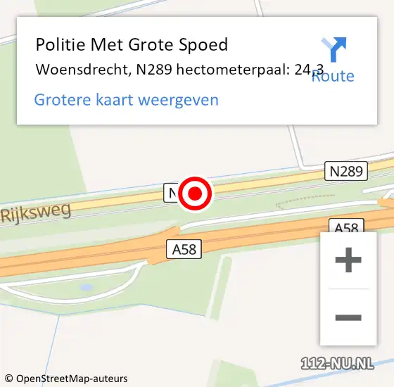 Locatie op kaart van de 112 melding: Politie Met Grote Spoed Naar Woensdrecht, N289 hectometerpaal: 24,3 op 14 maart 2024 08:31