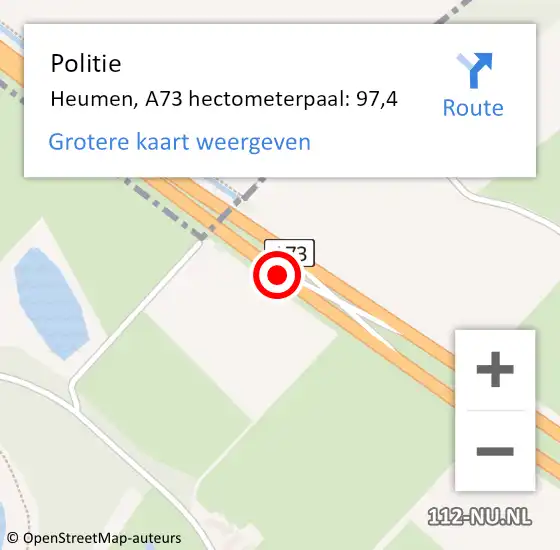 Locatie op kaart van de 112 melding: Politie Heumen, A73 hectometerpaal: 97,4 op 14 maart 2024 08:37