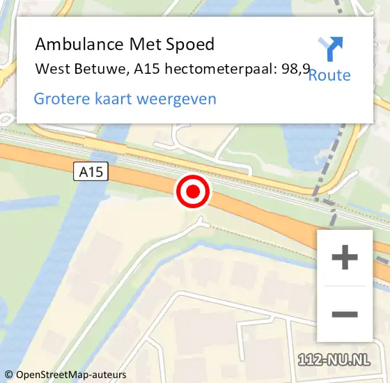 Locatie op kaart van de 112 melding: Ambulance Met Spoed Naar West Betuwe, A15 hectometerpaal: 98,9 op 14 maart 2024 11:08