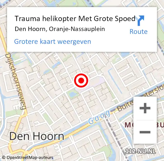 Locatie op kaart van de 112 melding: Trauma helikopter Met Grote Spoed Naar Den Hoorn, Oranje-Nassauplein op 14 maart 2024 11:41