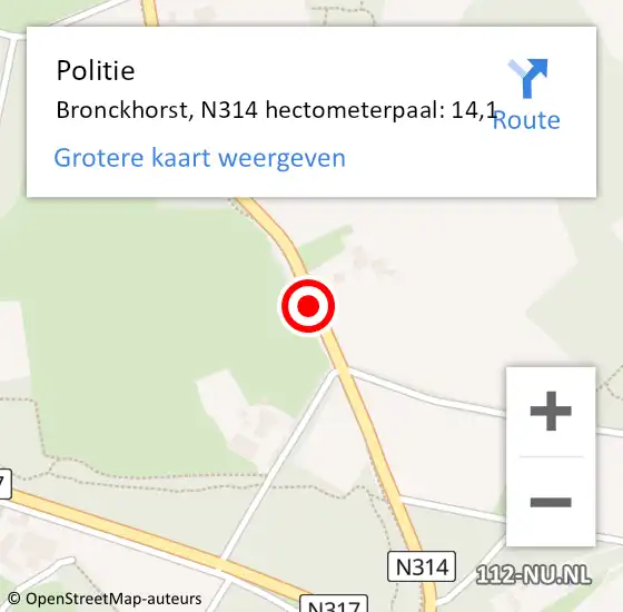 Locatie op kaart van de 112 melding: Politie Bronckhorst, N314 hectometerpaal: 14,1 op 14 maart 2024 12:12