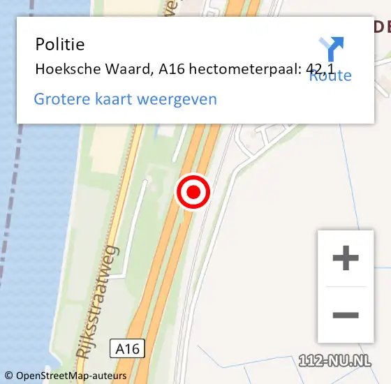 Locatie op kaart van de 112 melding: Politie Hoeksche Waard, A16 hectometerpaal: 42,1 op 14 maart 2024 12:35