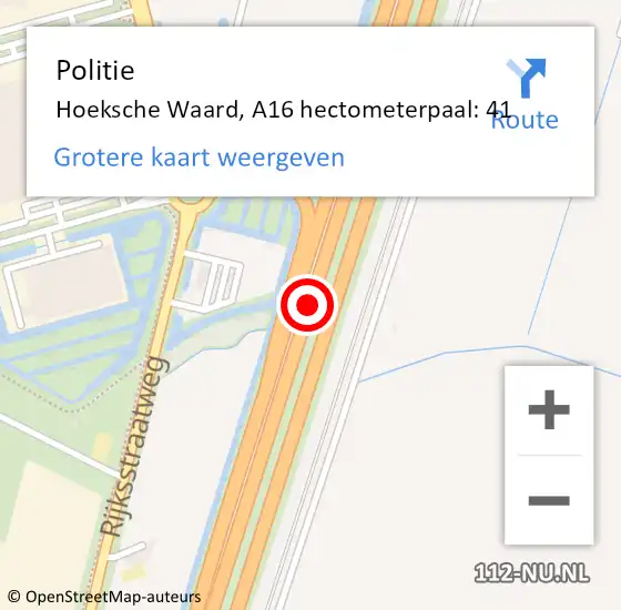 Locatie op kaart van de 112 melding: Politie Hoeksche Waard, A16 hectometerpaal: 41 op 14 maart 2024 12:35