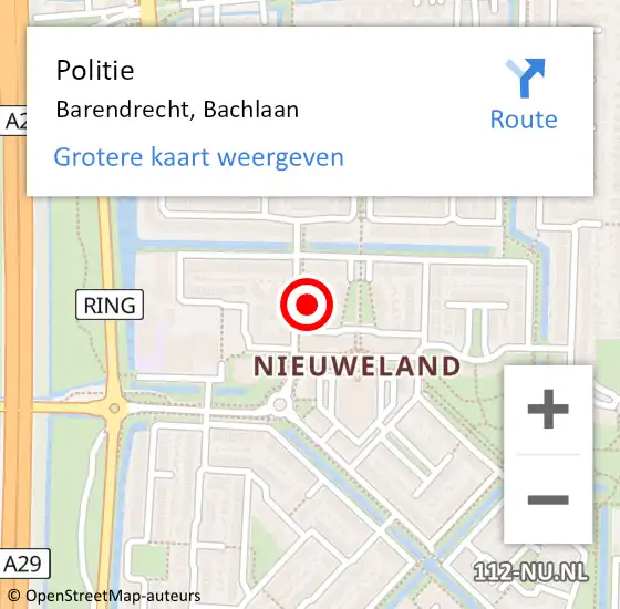 Locatie op kaart van de 112 melding: Politie Barendrecht, Bachlaan op 14 maart 2024 12:57