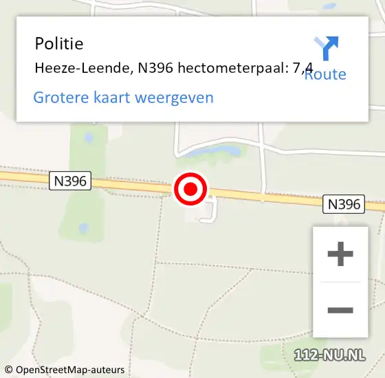 Locatie op kaart van de 112 melding: Politie Heeze-Leende, N396 hectometerpaal: 7,4 op 14 maart 2024 13:53