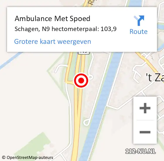 Locatie op kaart van de 112 melding: Ambulance Met Spoed Naar Schagen, N9 hectometerpaal: 103,9 op 15 maart 2024 08:11