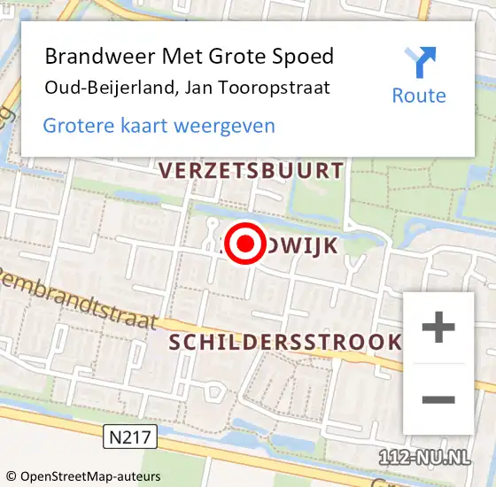 Locatie op kaart van de 112 melding: Brandweer Met Grote Spoed Naar Oud-Beijerland, Jan Tooropstraat op 15 maart 2024 12:33