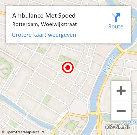 Locatie op kaart van de 112 melding: Ambulance Met Spoed Naar Rotterdam, Woelwijkstraat op 15 maart 2024 14:45