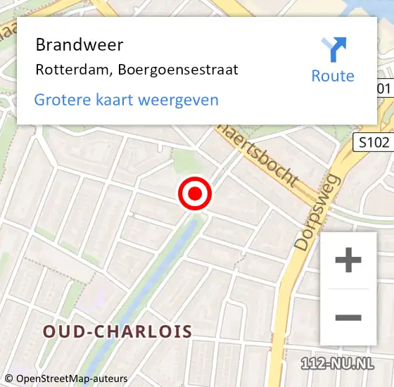 Locatie op kaart van de 112 melding: Brandweer Rotterdam, Boergoensestraat op 15 maart 2024 15:04