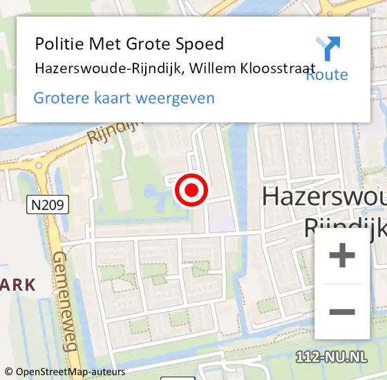 Locatie op kaart van de 112 melding: Politie Met Grote Spoed Naar Hazerswoude-Rijndijk, Willem Kloosstraat op 15 maart 2024 17:39