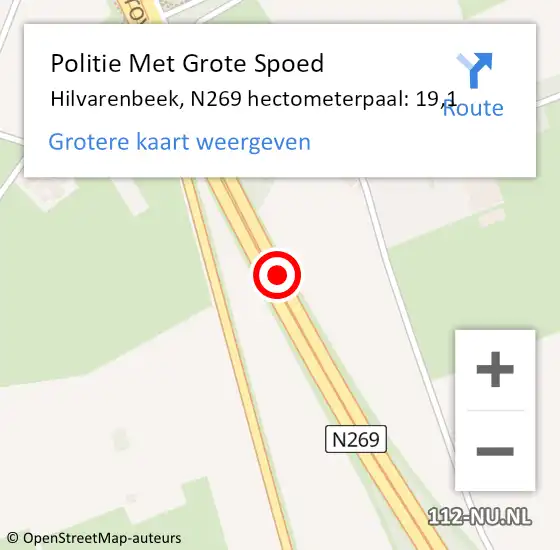 Locatie op kaart van de 112 melding: Politie Met Grote Spoed Naar Hilvarenbeek, N269 hectometerpaal: 19,1 op 15 maart 2024 21:03