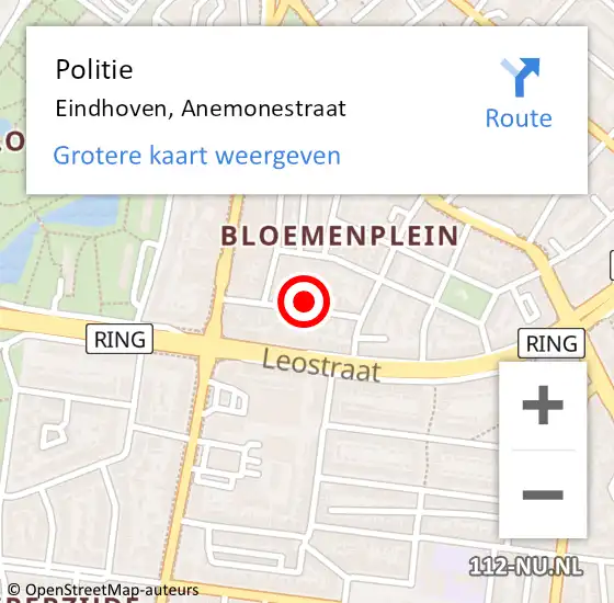 Locatie op kaart van de 112 melding: Politie Eindhoven, Anemonestraat op 16 maart 2024 00:26