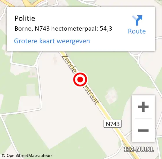 Locatie op kaart van de 112 melding: Politie Borne, N743 hectometerpaal: 54,3 op 16 maart 2024 10:27