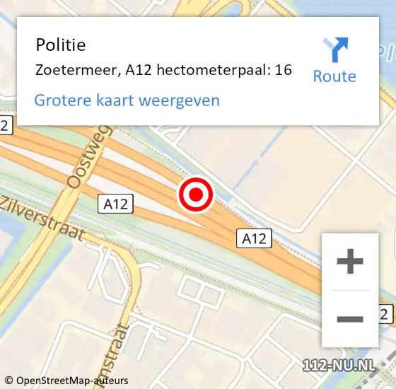 Locatie op kaart van de 112 melding: Politie Zoetermeer, A12 hectometerpaal: 16 op 16 maart 2024 11:01