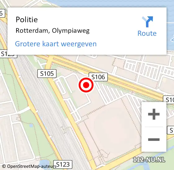 Locatie op kaart van de 112 melding: Politie Rotterdam, Olympiaweg op 16 maart 2024 14:27