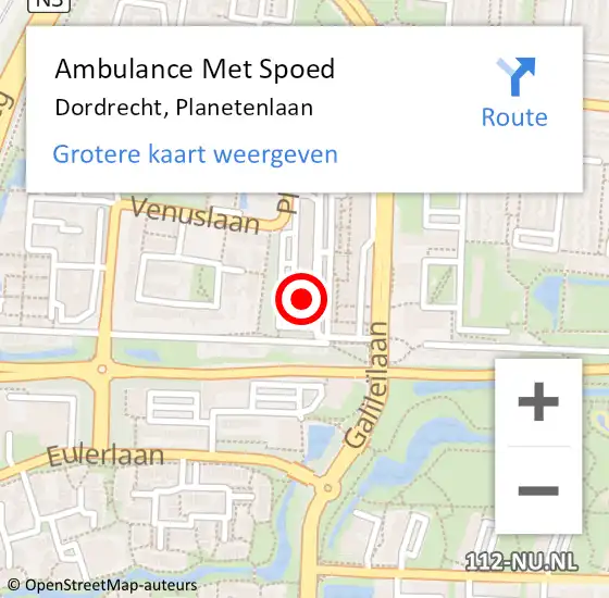 Locatie op kaart van de 112 melding: Ambulance Met Spoed Naar Dordrecht, Planetenlaan op 16 maart 2024 17:31