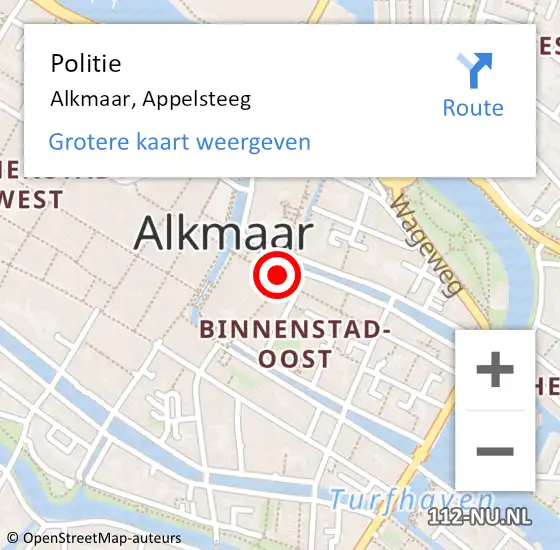 Locatie op kaart van de 112 melding: Politie Alkmaar, Appelsteeg op 17 maart 2024 04:57