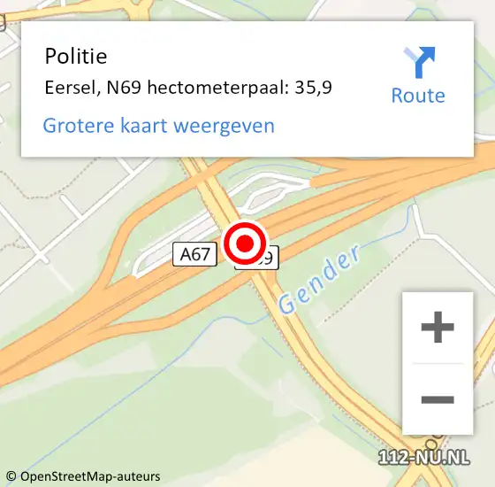 Locatie op kaart van de 112 melding: Politie Eersel, N69 hectometerpaal: 35,9 op 17 maart 2024 15:02