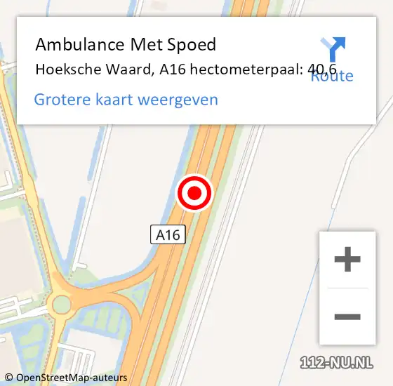 Locatie op kaart van de 112 melding: Ambulance Met Spoed Naar Hoeksche Waard, A16 hectometerpaal: 40,6 op 17 maart 2024 16:17