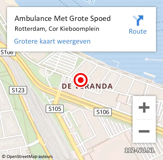Locatie op kaart van de 112 melding: Ambulance Met Grote Spoed Naar Rotterdam, Cor Kieboomplein op 17 maart 2024 19:19