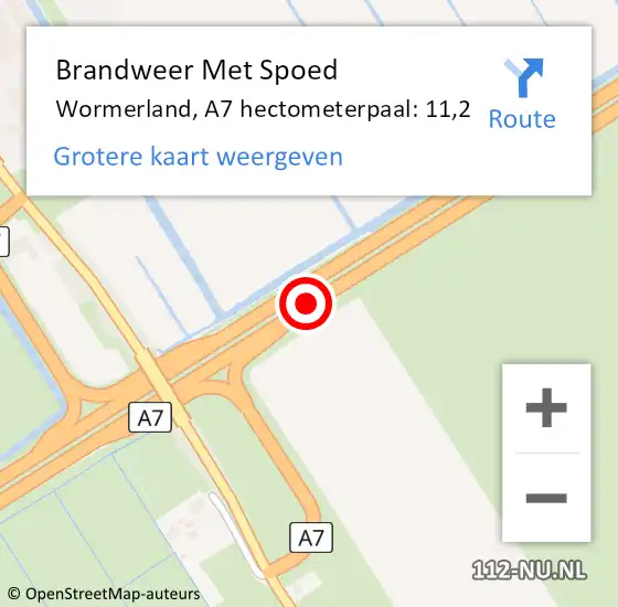 Locatie op kaart van de 112 melding: Brandweer Met Spoed Naar Wormerland, A7 hectometerpaal: 11,2 op 17 maart 2024 21:56