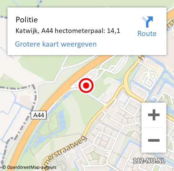 Locatie op kaart van de 112 melding: Politie Katwijk, A44 hectometerpaal: 14,1 op 18 maart 2024 01:01
