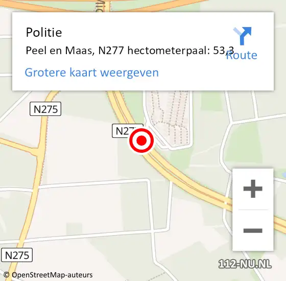 Locatie op kaart van de 112 melding: Politie Peel en Maas, N277 hectometerpaal: 53,3 op 18 maart 2024 07:46