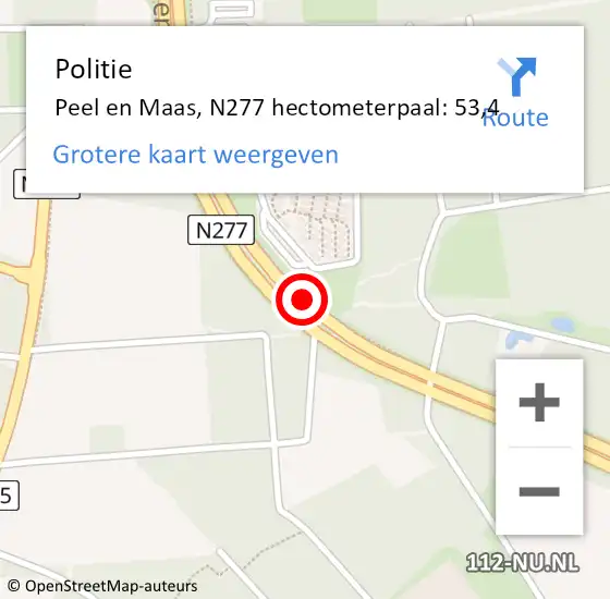 Locatie op kaart van de 112 melding: Politie Peel en Maas, N277 hectometerpaal: 53,4 op 18 maart 2024 07:46