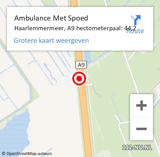 Locatie op kaart van de 112 melding: Ambulance Met Spoed Naar Haarlemmermeer, A9 hectometerpaal: 44,2 op 18 maart 2024 07:51