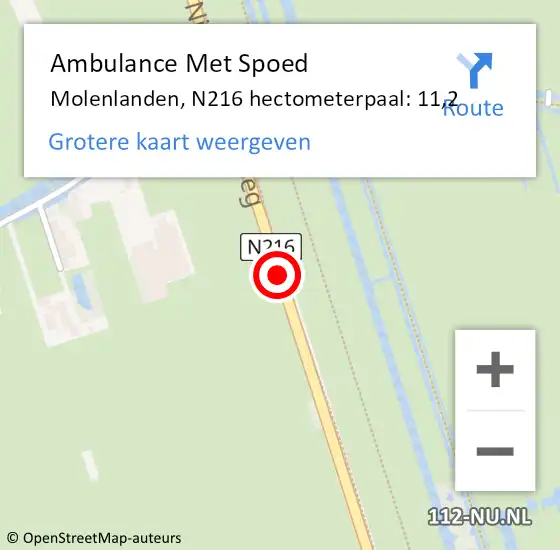 Locatie op kaart van de 112 melding: Ambulance Met Spoed Naar Molenlanden, N216 hectometerpaal: 11,2 op 18 maart 2024 08:23