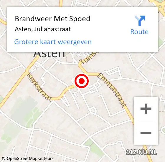 Locatie op kaart van de 112 melding: Brandweer Met Spoed Naar Asten, Julianastraat op 18 maart 2024 14:00
