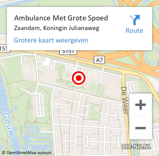 Locatie op kaart van de 112 melding: Ambulance Met Grote Spoed Naar Zaandam, Koningin Julianaweg op 18 maart 2024 15:28