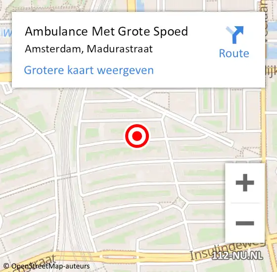 Locatie op kaart van de 112 melding: Ambulance Met Grote Spoed Naar Amsterdam, Madurastraat op 18 maart 2024 23:50