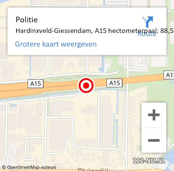 Locatie op kaart van de 112 melding: Politie Hardinxveld-Giessendam, A15 hectometerpaal: 88,5 op 19 maart 2024 05:24