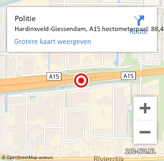 Locatie op kaart van de 112 melding: Politie Hardinxveld-Giessendam, A15 hectometerpaal: 88,4 op 19 maart 2024 05:24