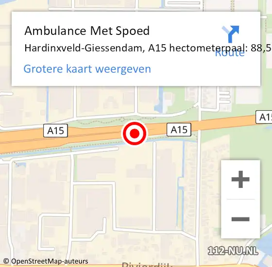 Locatie op kaart van de 112 melding: Ambulance Met Spoed Naar Hardinxveld-Giessendam, A15 hectometerpaal: 88,5 op 19 maart 2024 05:24